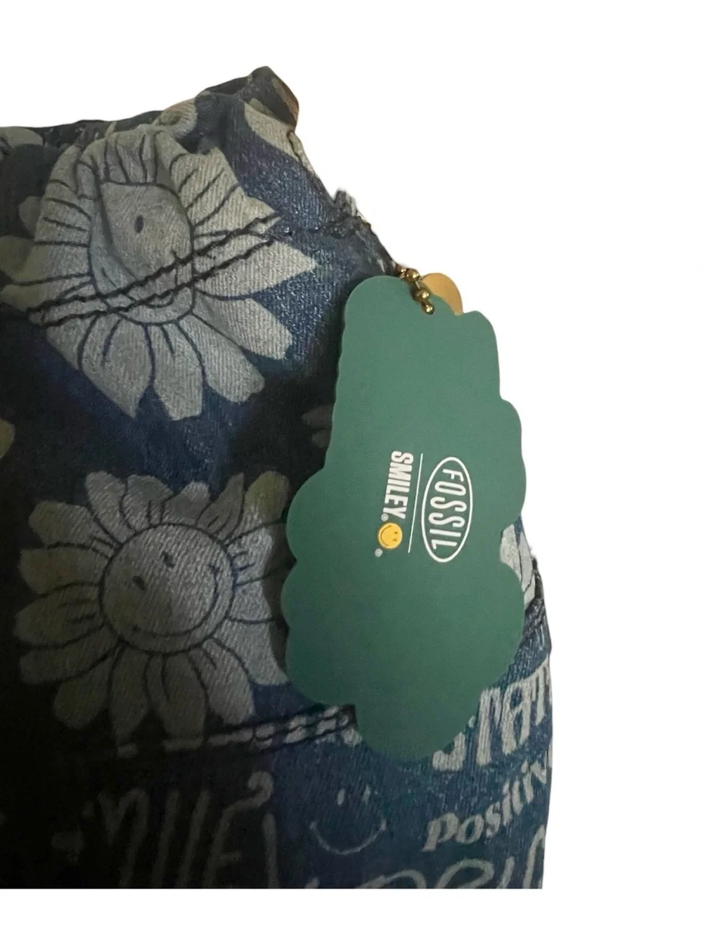 Fossil x Smiley limited edition patchwork denim drawstring shoulder bag.